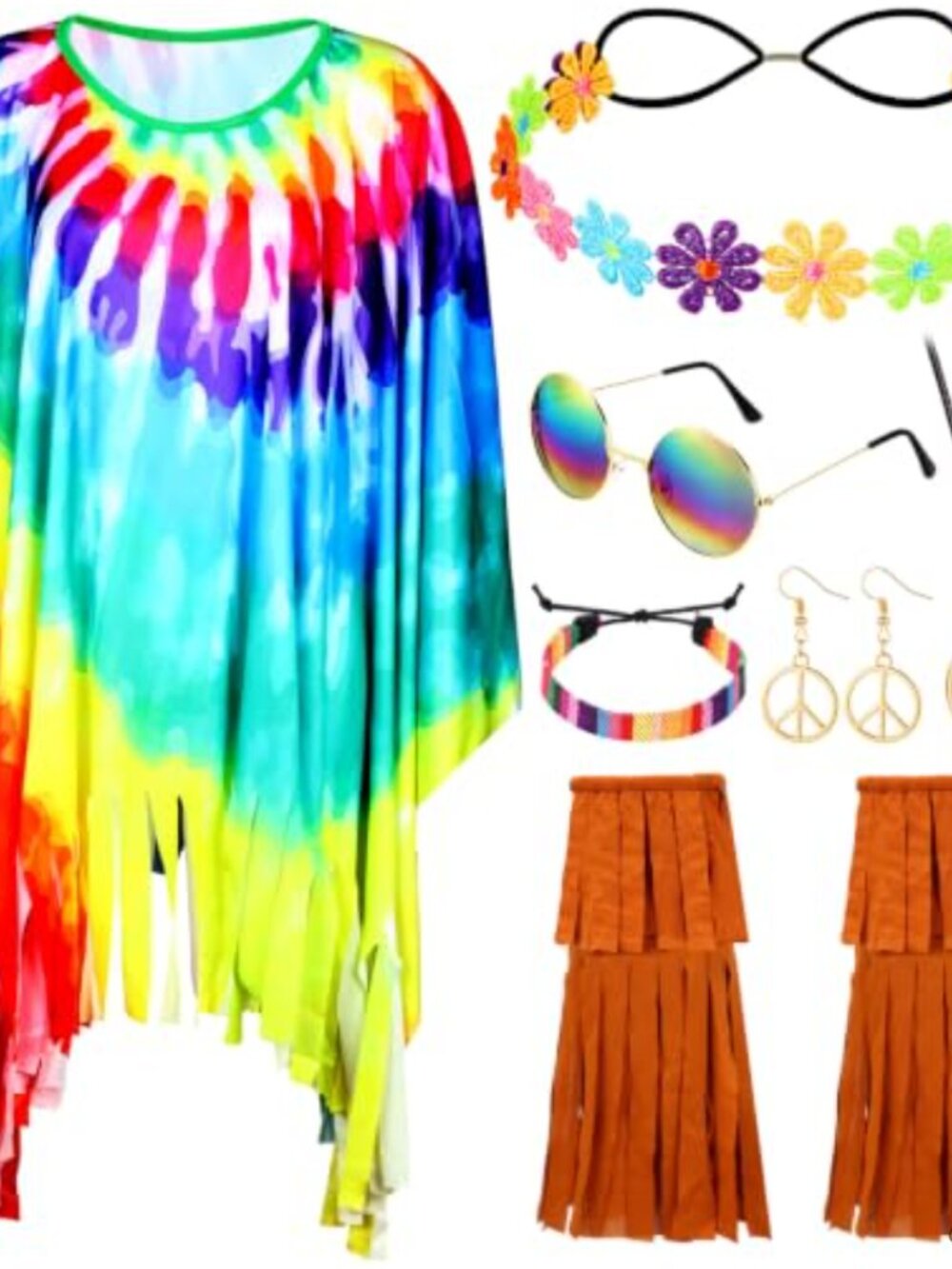 7 Pc 60s 70s Hippie Costume Set Tie Dye Poncho Peace Sign Jewelry Fringe Boot